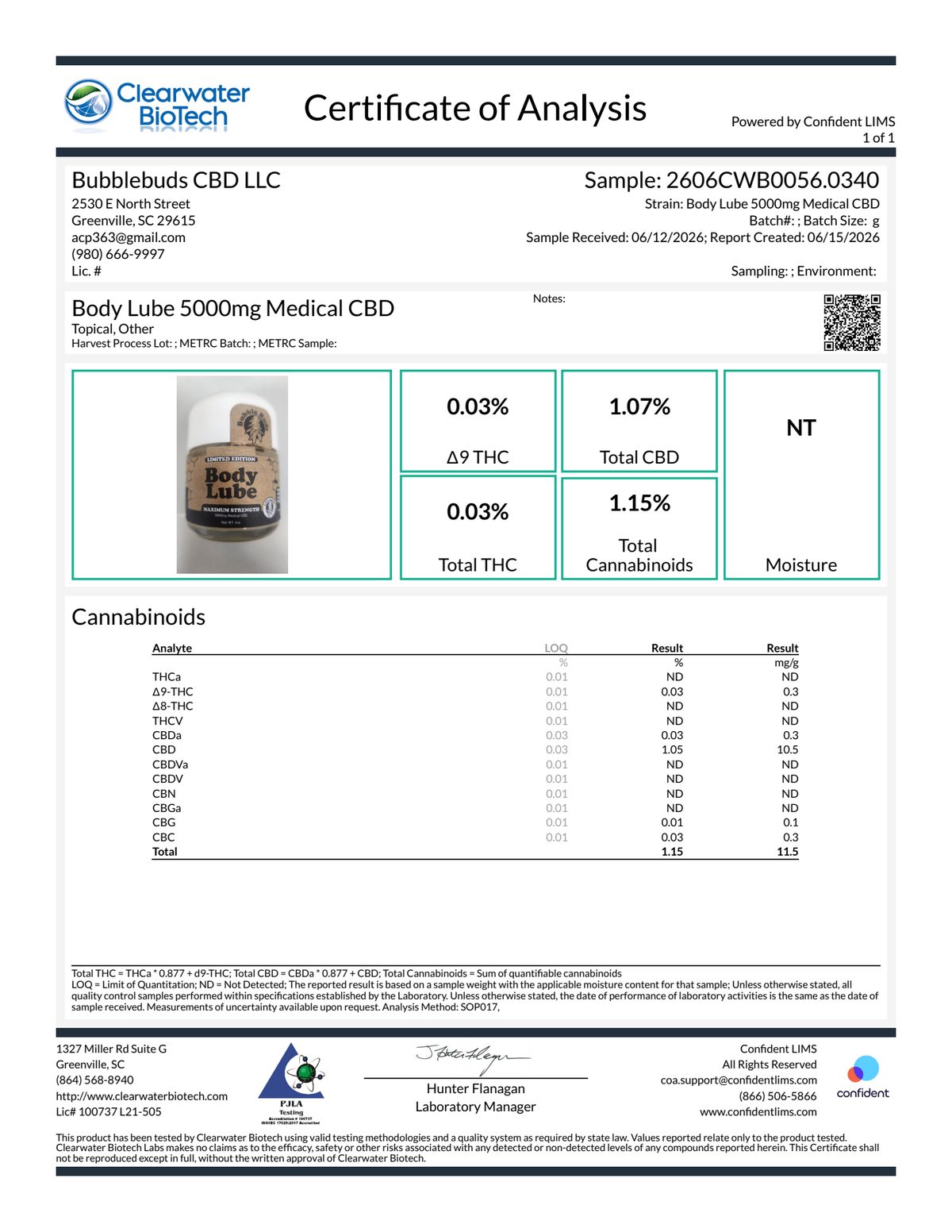 Full Certificate of Analysis, Bubble Buds Body Lube 5000mg Medical CBD